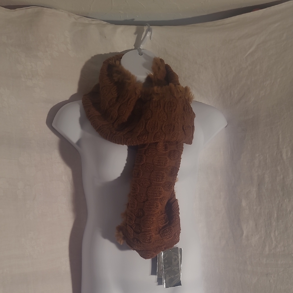 Adrienne Landau Brown Cable Knit Scarf with Faux Fur